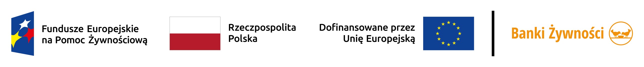 Logotypy programu Fundusze Europejskie na Pomoc Żywnościową, flaga Polski z napisem Rzeczpospolita Polska, informacja o dofinansowaniu przez Unię Europejską z flagą UE oraz logo Banki Żywności.”