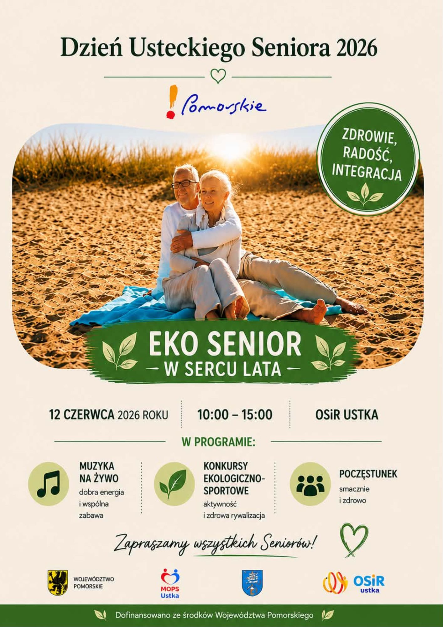 Plakat „Dzień Usteckiego Seniora 2026” promujący wydarzenie dla seniorów. Na zdjęciu starsza para siedzi na plaży. Informacje o wydarzeniu: 12 czerwca 2026 r., godz. 10:00–15:00, OSiR Ustka. W programie muzyka na żywo, konkursy ekologiczno-sportowe i poczęstunek.
