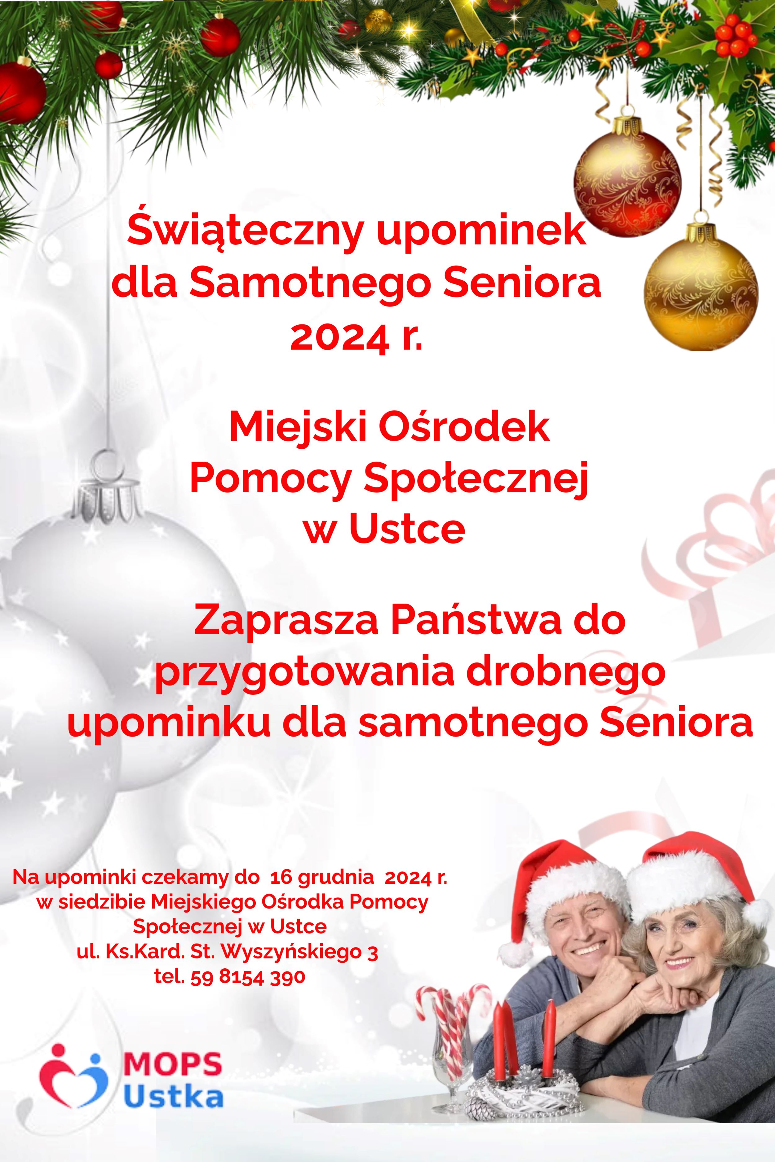 Seniorzy w czapkach świątecznych na plakacie w tle bombki