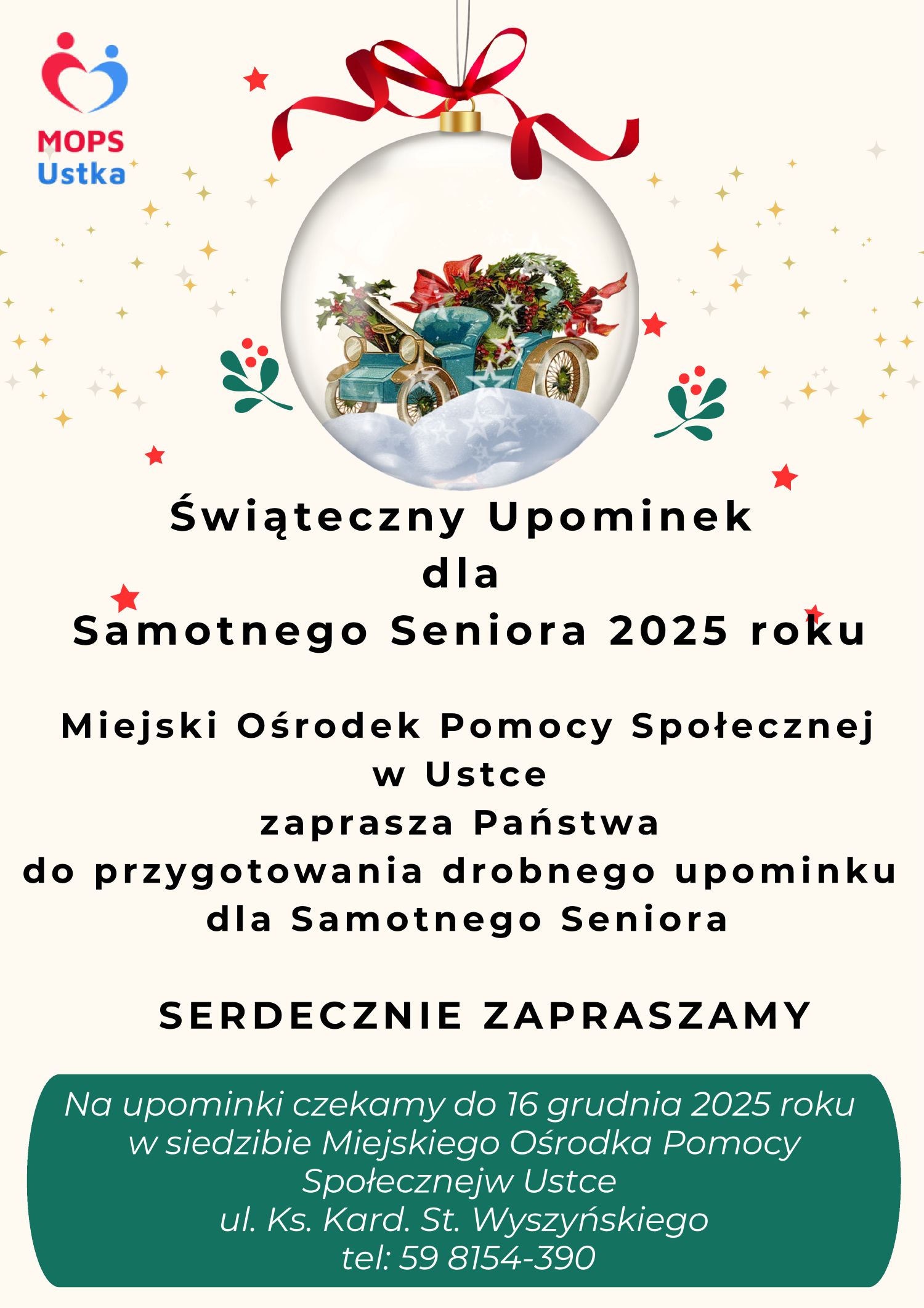 plakat informujacy o akcji świąteczny upomonek dla samotnego seniora 2025 roku.  Zapraszający do przygotowania upominku do 16 grudnia 2025 roku.